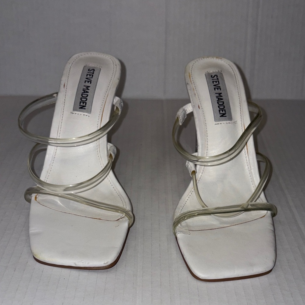 Steve Madden White Square Toe Clear Multi-Strap Wedge Sandals Size 6